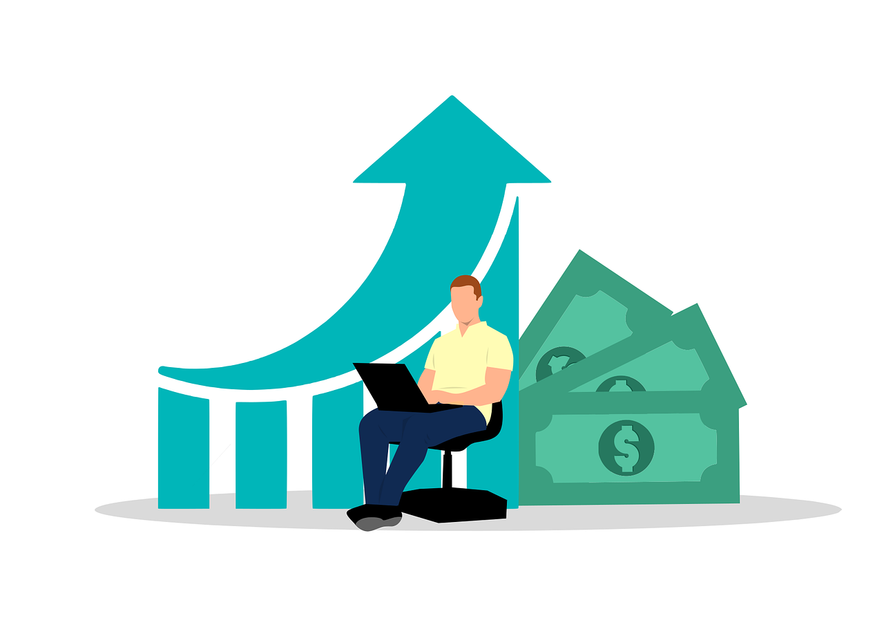 Person working on laptop with money and growth chart symbolizing AI side hustles in 2025